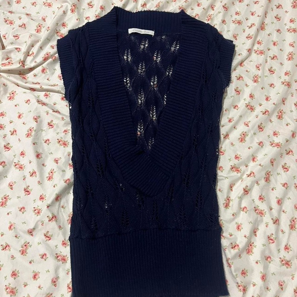 vintage navy blue open knit cardigan sleeveless top - Picture 2 of 4